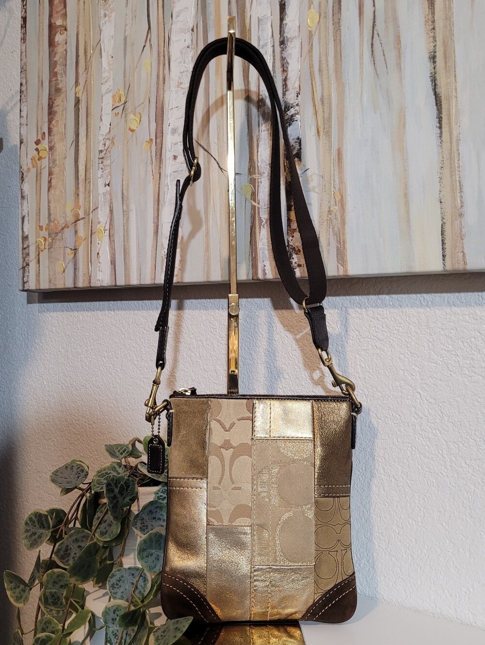 Vintage Coach Metallic Patchwork Swingpack Crossbody Metallic Suede Bag